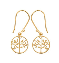 Boucles d'oreilles arbre de vie 32 mm pendantes crochets plaqué or 750