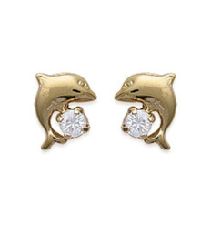 Boucles d'oreilles plaqué or 750 dauphins et cristal blanc transparent
