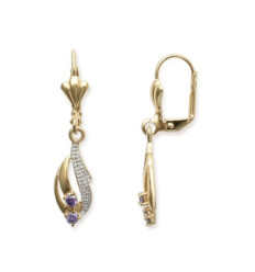 Boucles d'oreilles dormeuses pendantes plaqué or 750 3 microns bicolore et pierre véritable