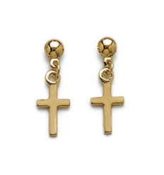Boucles d'oreilles plaqué or 750 croix religieuses pendantes boule
