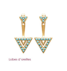 Boucles lobes d'oreilles plaqué or 750 triangles et pierre de synthèse bleu turquoise