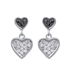 Boucles d'oreilles 16 mm coeurs - Aya - argent 925 rhodié - zircon noir et blanc
