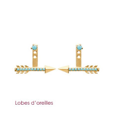 Boucles d'oreilles lobes d'oreille flèche plaqué or 750 3 microns et pierre turquoise de synthèse