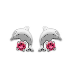 Boucles d'oreilles enfant puces dauphin 9 mm - Carry - argent 925 - cristal rose