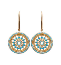 Boucles d'oreilles pendantes crochets Plaqué Or Pierres imitation turquoises 40mm x 20mm