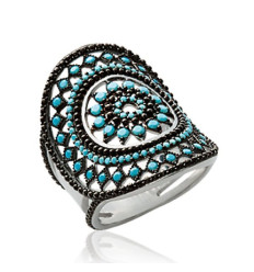 Bague argent massif 925 rhodié oxyde et pierre de synthèse