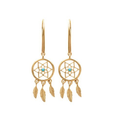 Boucles d'oreilles indiennes pendantes Plaqué Or plumes Pierre bleue turquoise crochets 40mm x 10mm