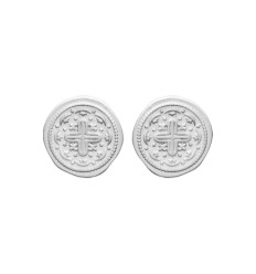 Boucles puces d'oreilles Argent rhodié style pièce de monnaie et croix