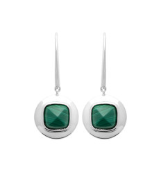 Boucles d'oreilles pendantes Argent rhodié pierre Malachite verte carrée