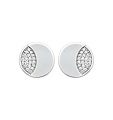 Boucles d'oreilles Nacre puces demi lune et Zircons femme Argent rhodié
