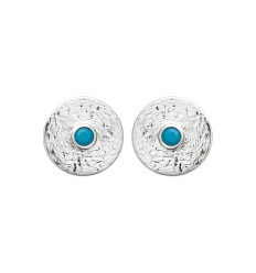 Boucles d'oreilles puces rondes Pierre bleu turquoise Argent rhodié